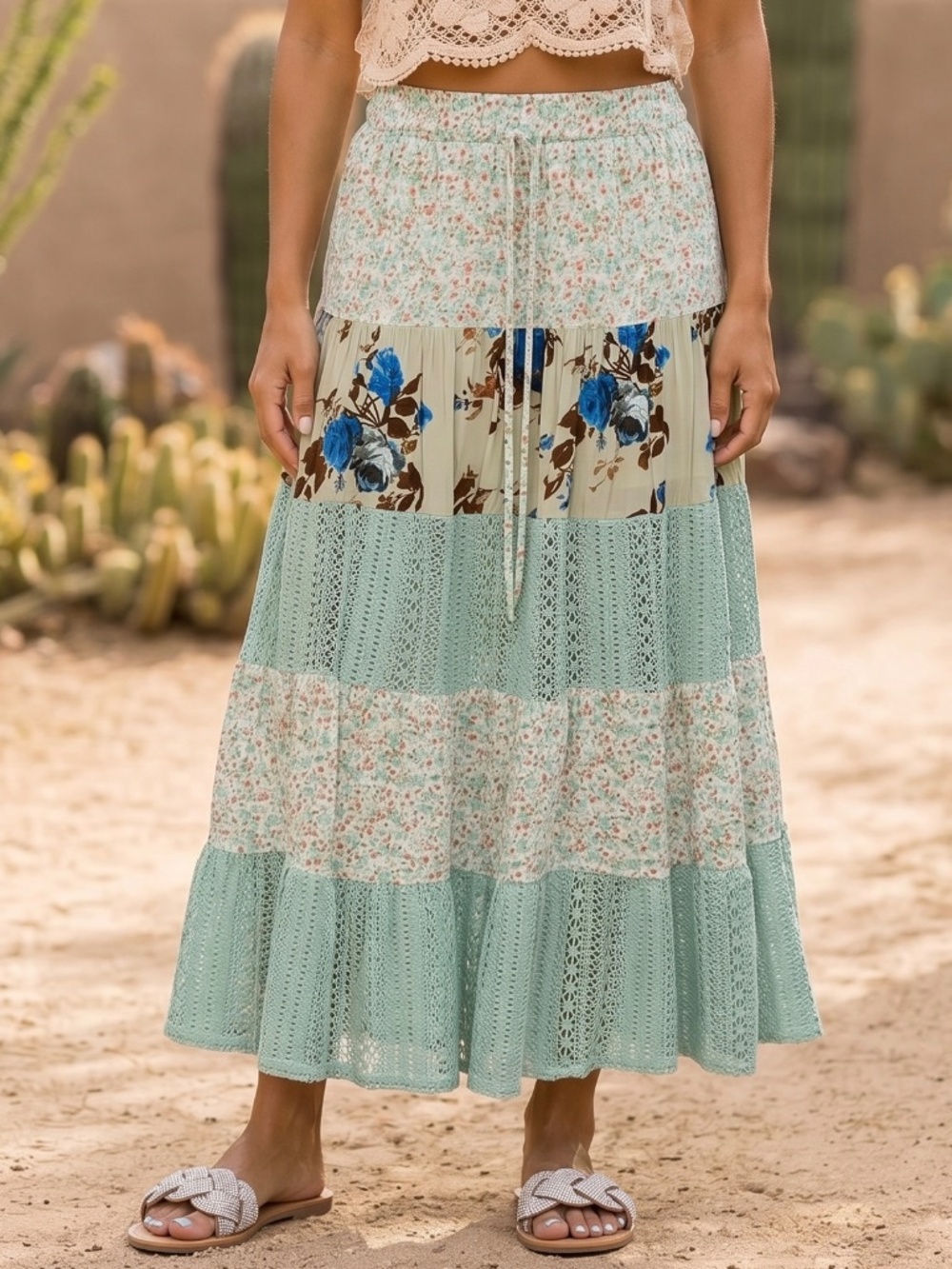 POL Sage Green Boho Patchwork Maxi Skirt | Floral Lace Tiered Flowy Pull On - Picture 4 of 7